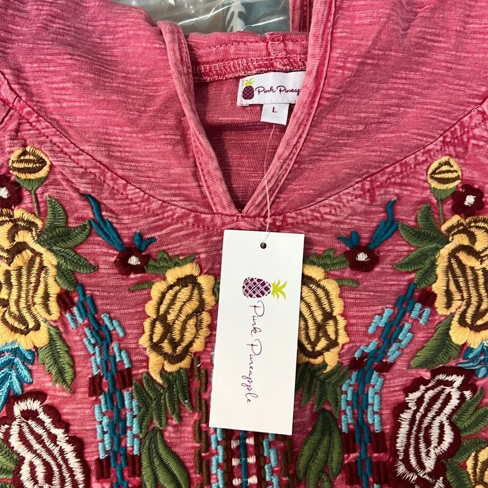 Pink Pineapple southwestern Floral Bohemian hooded pullover w/ front pocket SZ L - Picture 2 of 6
